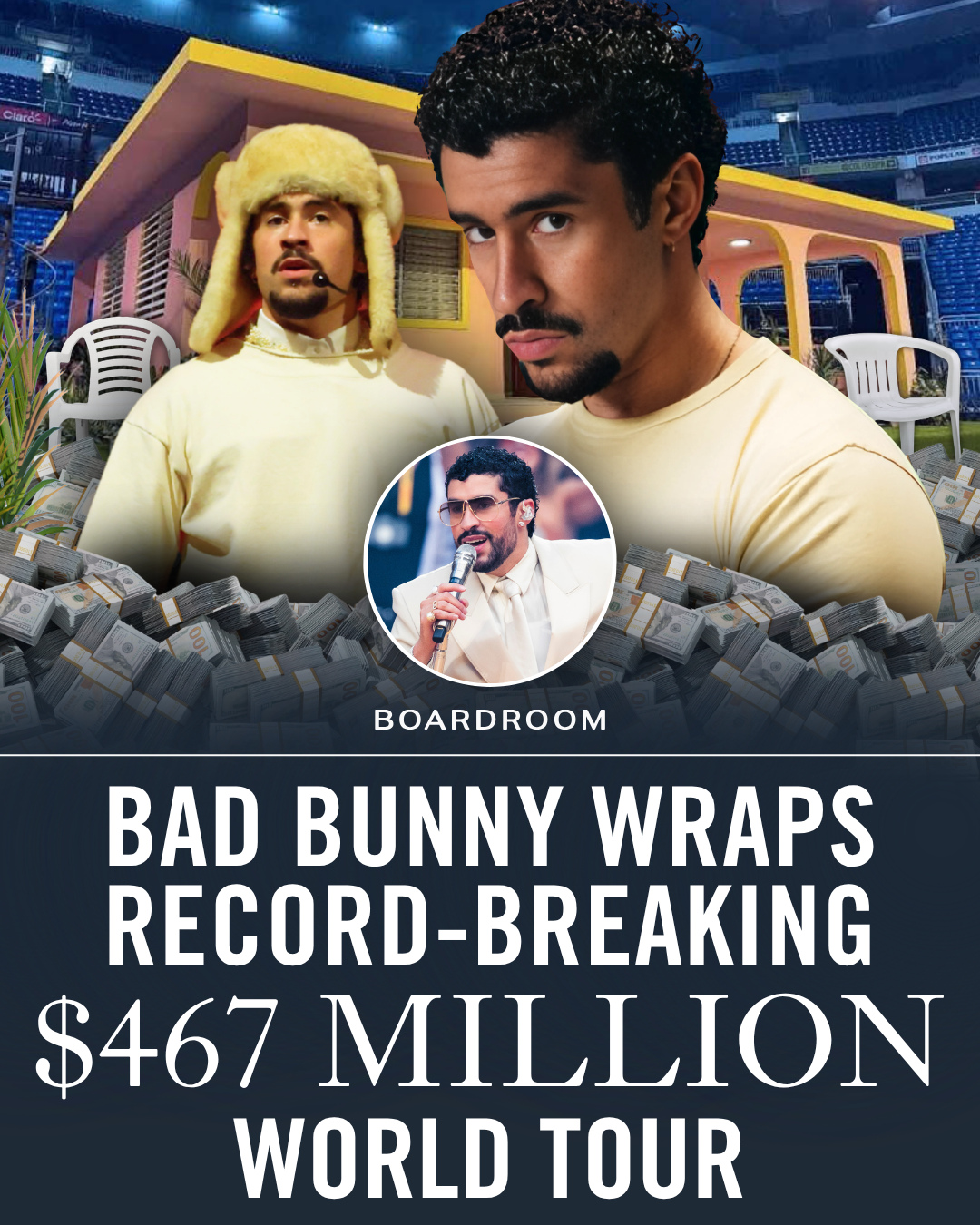 Bad Bunny just closed out one of the biggest tours in music history.⁠
⁠
His Debí Tirar Más Fotos World Tour grossed $467.5 million and sold 3.1 million tickets across 55 shows on five continents, making it the highest-grossing and best-selling tour ever by a male Latin artist.⁠
⁠
The run also became the highest-grossing tour in Boxscore history without a single U.S. show, proving Bad Bunny's global reach is bigger than ever. The milestone caps off a historic album era that has now helped push his career touring totals to $1.2 billion and 7.1 million tickets sold.⁠
⁠
(via @billboard)