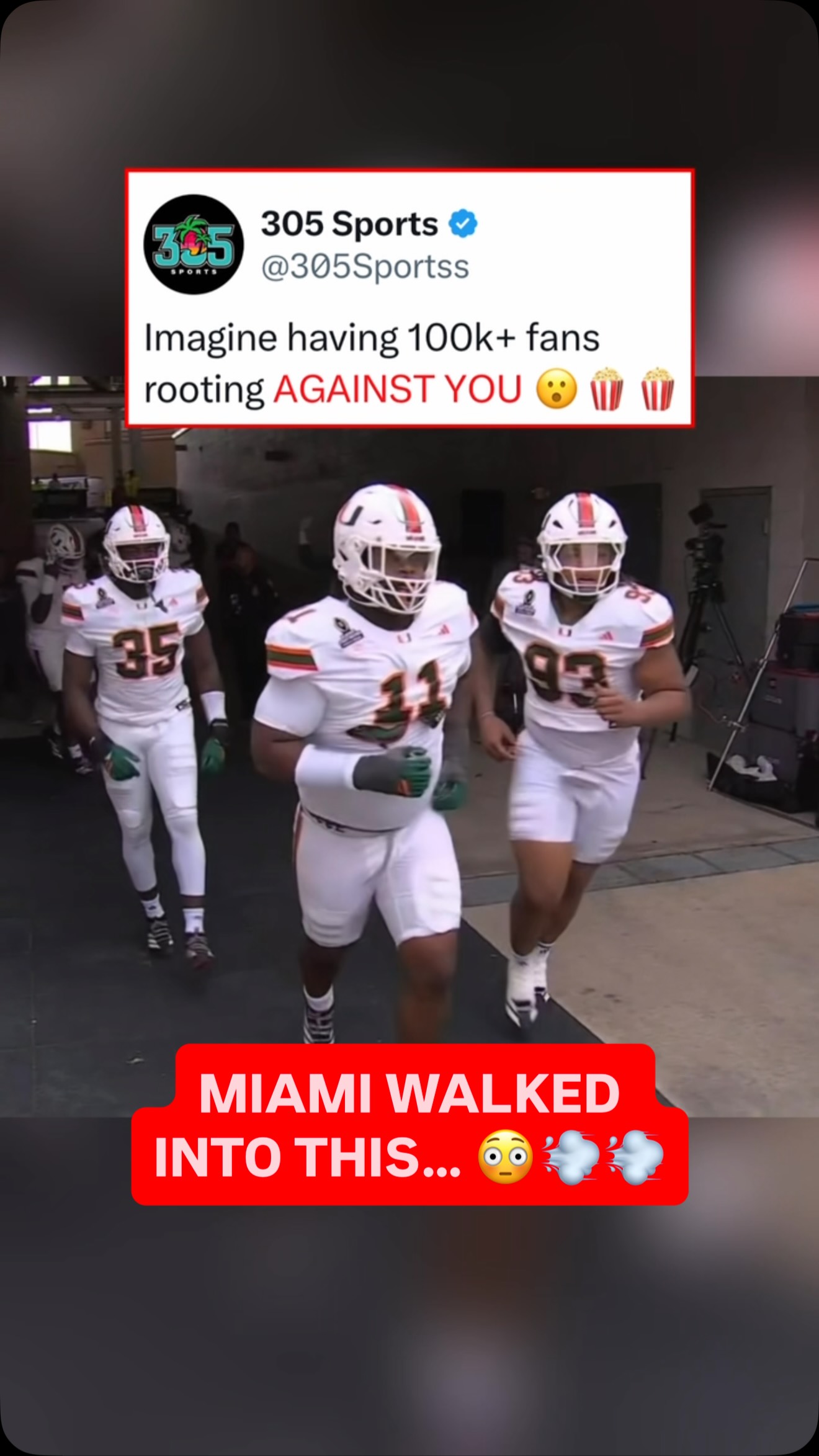 Miami was UNFAZED. 100k fans vs. THE U 🤯🔥

The pregame atmosphere for Miami vs Texas A&M was ELECTRIC. UM went on to win 10-3.

(via ESPN, College Football Playoffs)