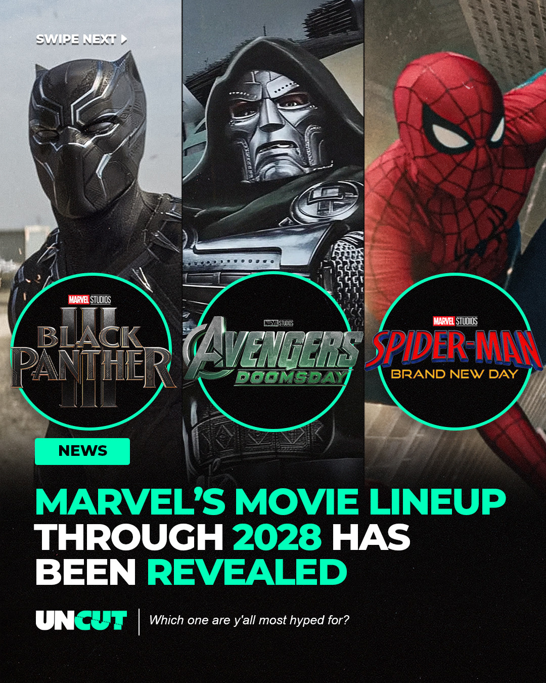 Marvel Studios has revealed its movie schedule through 2028 at San Diego Comic-Con 🎬⁠
⁠
The lineup includes Spider-Man: Brand New Day, Avengers: Doomsday, Avengers: Secret Wars, Black Panther 3 and a new Ghost Rider movie 🔥⁠
⁠
Which movie are y’all most excited for⁉️👀