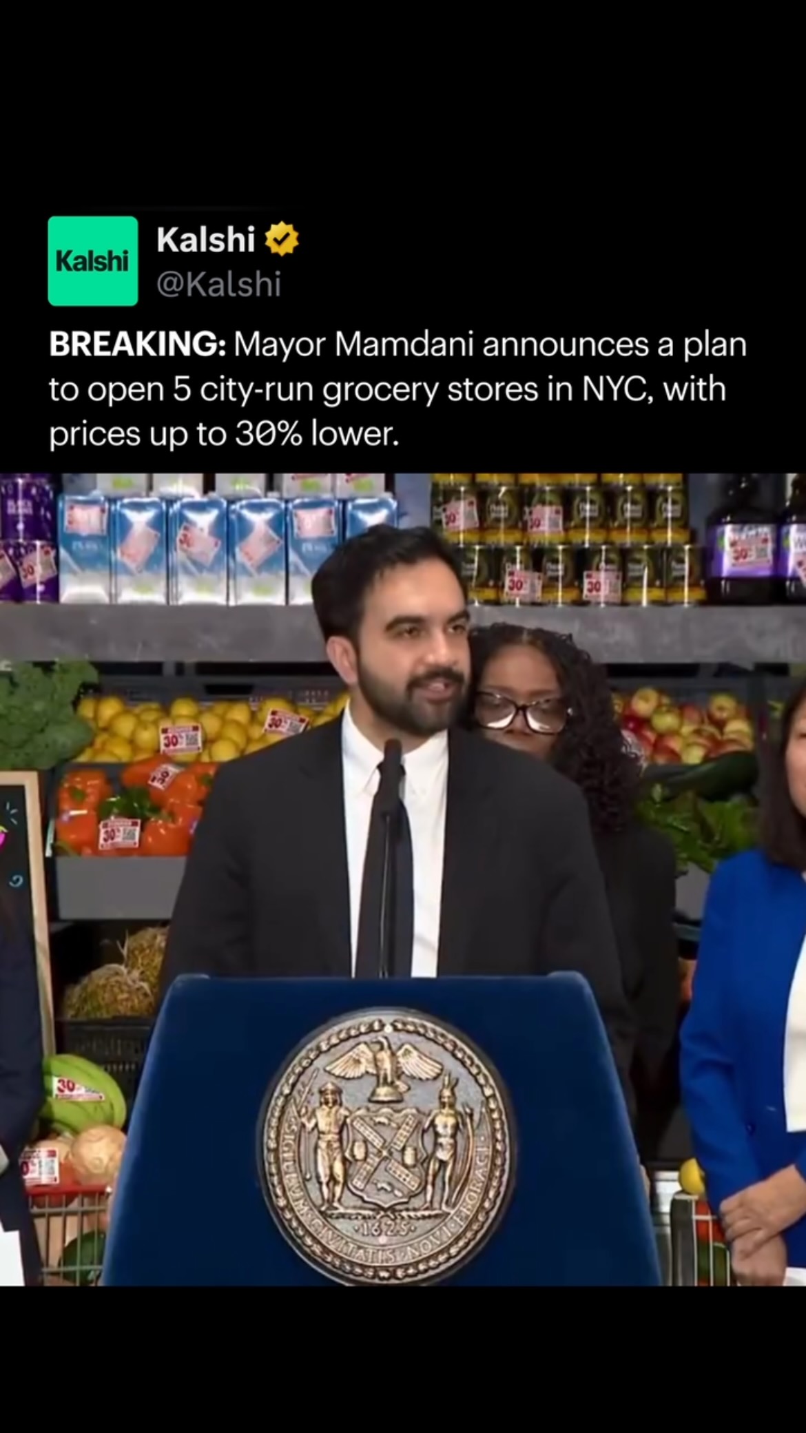 New York City Mayor Zohran Mamdani announced plans to open five city-run grocery stores, with one in each borough.

The stores aim to sell produce, meat, and other essentials at prices about 30% below typical retail costs to help lower grocery bills.