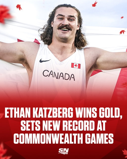 Canadian Ethan Katzberg wins gold and sets a new record in the men’s hammer throw with an 80.97-metre toss on his first throw at the Commonwealth Games 🇨🇦
