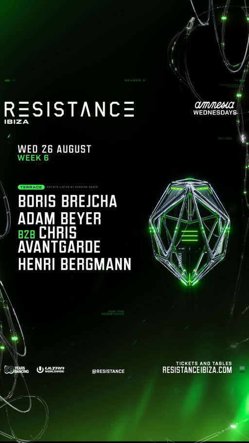 Week 6 moves in its own lane.

@borisbrejcha
@realadambeyer B2B @chrisavantgarde
@henribergmann

Wednesday, 26 August on the @amnesiaibiza Terrace.

Tickets & Tables available now. Link in bio.