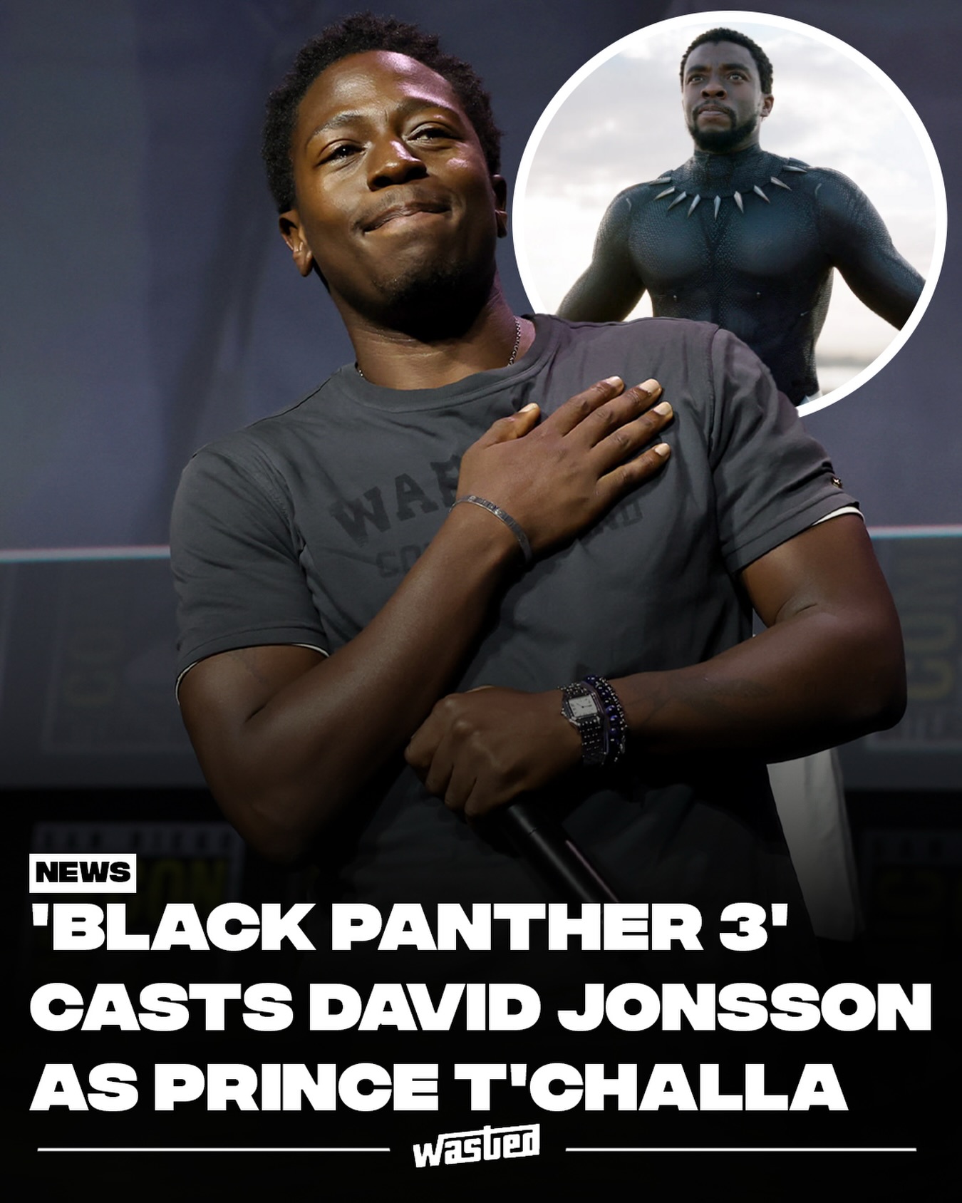 David Jonsson is the new Black Panther. Marvel confirmed at San Diego Comic-Con's Hall H panel on Saturday that Black Panther 3 arrives December 15, 2028, with Jonsson playing Prince T'Challa II, the grown son of Chadwick Boseman's T'Challa, introduced as a young boy by Lupita Nyong'o's Nakia in the post-credits scene of Wakanda Forever. The film follows him coming of age with his sights on the throne of Wakanda.

Ryan Coogler returns to direct, closing out the trilogy he began in 2018 and arriving straight off his Oscar win for Sinners. He told the crowd he decided he wanted Jonsson after watching his performance in The Long Walk. Letitia Wright reprises Shuri, Winston Duke returns as M'Baku, and Denzel Washington remains attached from a previously announced casting.

Jonsson, best known for Industry, Alien: Romulus, and The Long Walk, addressed the room after the reveal. "Thank you to this amazing family that I have the honor and privilege and the blessing to join," he said, as sections of Hall H broke into Wakanda chants. Duke told Deadline he had met Jonsson for the first time only hours earlier and wanted to extend him "the grace that was extended to me" on his own first film.

Coogler also confirmed the film will be shot entirely on large-format 70mm celluloid, a first for the MCU. Boseman died of colon cancer in August 2020 at 43.

Sources: Marvel, Variety, Deadline.

(📸/🎥: Getty Images, Black Panther)
