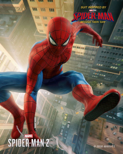 New threads hit Marvel's #SpiderMan2PS5 today. 

Swing into action with suits inspired by Spider-Man: Brand New Day and MARVEL Tōkon: Fighting Souls