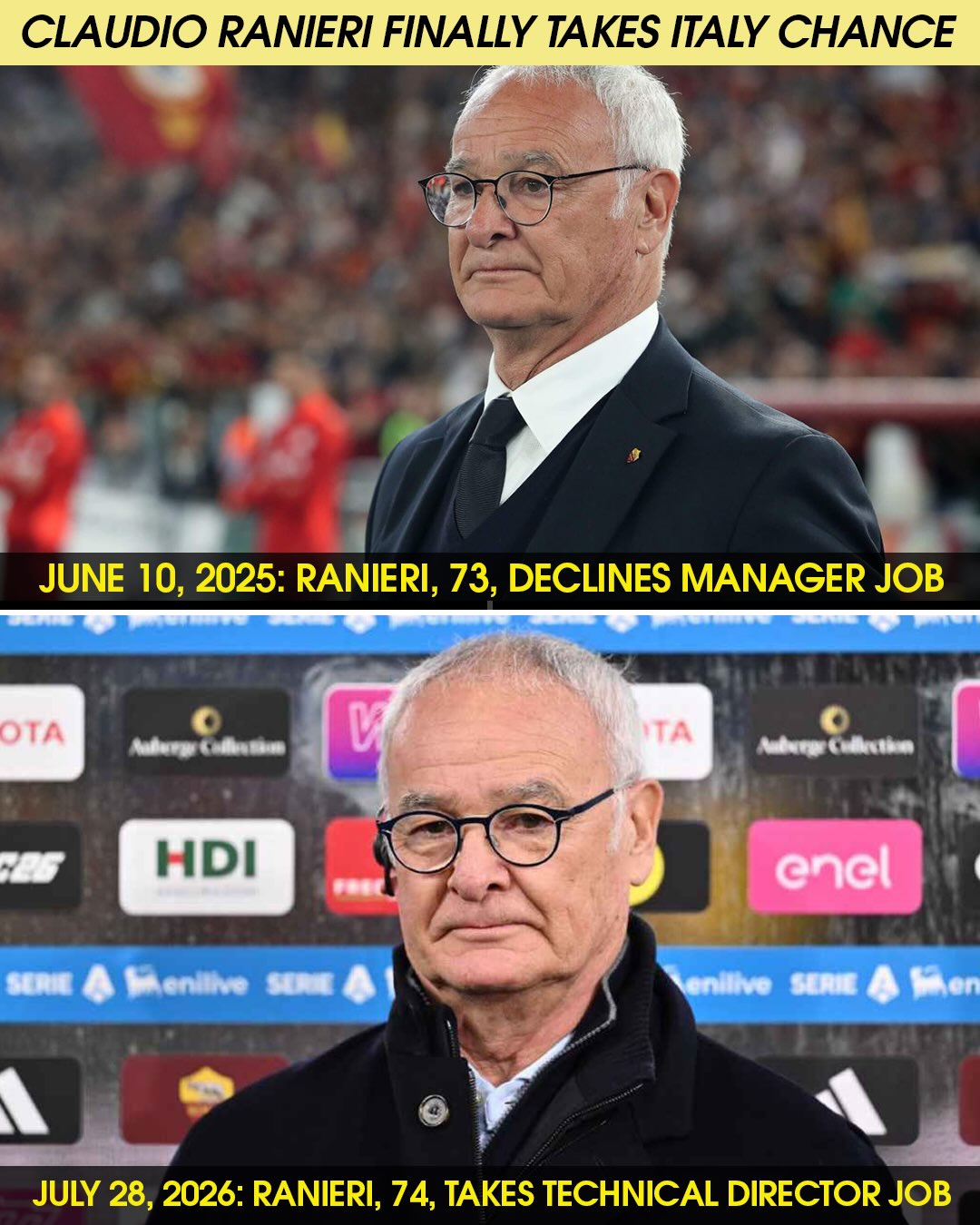 Italian legend Claudio Ranieri, 74, is finally working for the national side 👏

The longtime manager turned down the same role with Italy last year while working as a special adviser to Roma, his boyhood club. But after leaving Roma, and Italy missing out on a third straight men’s World Cup, Ranieri is now Italy’s technical director 🇮🇹

The four-time world champions could certainly use some of Ranieri’s 2015-16 Leicester City magic, and reviving the Azzurri should be no less daunting than leading the Foxes to the Premier League summit 😅