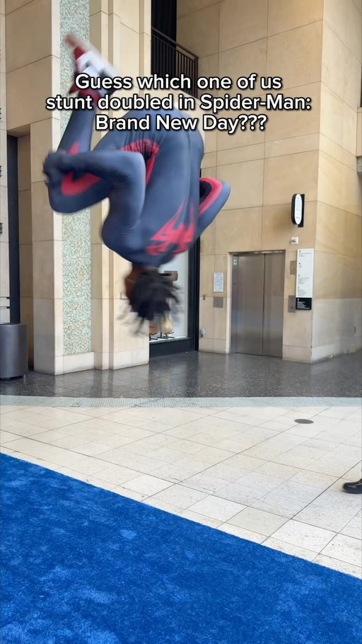 tough call… those moves were all pretty cool.

@dance10fikshun @officialshaquanparson @herodw_ always so great to see you guys!

#spidermanbrandnewday #backflip #spidermanmovie #spiderman #spidermanpremiere