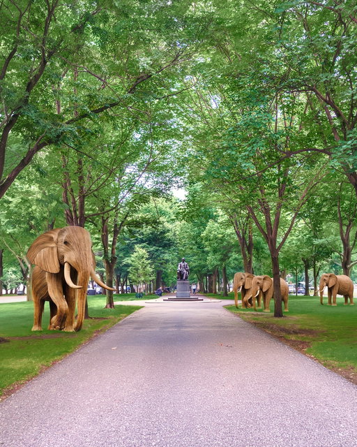 100 life-sized elephant sculptures will be installed on the Comm Ave Mall from August 8 to September 13 as part of 'The Great Elephant Migration,' a traveling art installation that has journeyed across the globe to tell a story of human-wildlife coexistence 🐘🐘🐘 Each elephant is hand-carved from dried lantana root, an invasive weed, by Indigenous artisans from India's Nilgiri Hills, and modeled after real, named elephants who share their landscape with those communities 🌿 The exhibit is a global fundraising initiative that channels proceeds toward human-wildlife coexistence projects and the protection of migratory species worldwide 🌍 Learn more about the installation via link in bio 🔗