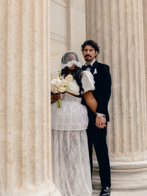 Mr. and Mrs.Sidwell 💍✨🤍 The outfit felt like art and the day felt like poetry 🥹 I can’t believe I’m a married women yall. 

Bridal Team Details:
Photographer: @sydney.shaw 
Custom Dress: @atelierndigo 
Hair: @niee_a
Makeup: @nastudioco
Jewlery: @grownbrilliance @rolex
Shoes:@bellabelleshoes
Car: @lexususa
Florals: @carlotanewyork 
#civilwedding #civilweddingdress #wedding #interracialcouple #explorepage✨