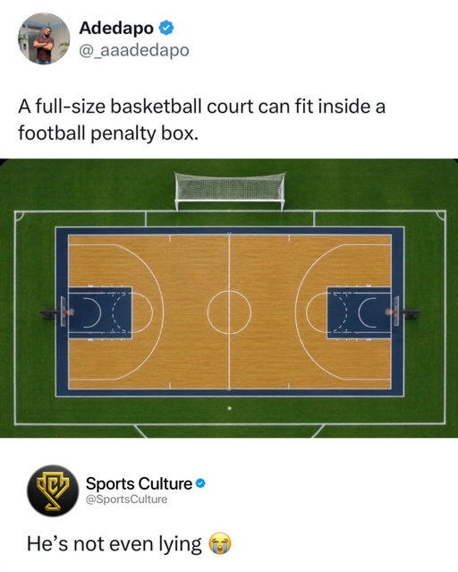 The amount of cardio these soccer players do is mind boggling 🤯

People really don’t realize how massive a soccer field is until they see it compared to other sports. A full-size NBA court can fit inside a soccer penalty box, and when you zoom out to the entire pitch, the basketball court looks tiny. It completely changes your perspective on just how much ground soccer players have to cover every match.

That’s what makes the sport so demanding. Players are constantly sprinting, pressing, tracking back, and making runs across a field that’s well over 100 yards long. The amount of stamina it takes to play at the highest level is honestly underrated.

Seeing these size comparisons makes you appreciate soccer even more. TV doesn’t do it justice—the pitch is absolutely enormous, and the fact that players cover that much space for 90+ minutes is incredible.

Follow US (@sportsculture) to stay tapped in if you love sports 🔥
