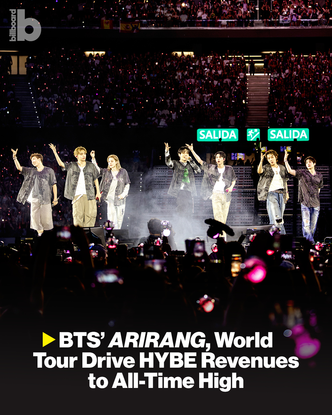HYBE Music Group reported BTS' 'ARIRANG' album sales and world tour helped drive record-high quarterly revenue of 1.45 trillion Korean won ($987 million) and record operating profit of 170.9 billion Korean won ($116 million).⁠
⁠
BTS had the highest-grossing and best-selling tour in May, beating The Rolling Stones' biggest monthly gross by a group since Billboard began its Top Tours chart in 2019. Plus, 'ARIRANG' returned to the Top 10 of the #Billboard200 this week following the release of a new vinyl picture disc variant of the album with two bonus tracks.⁠
⁠
More details at the link in bio.