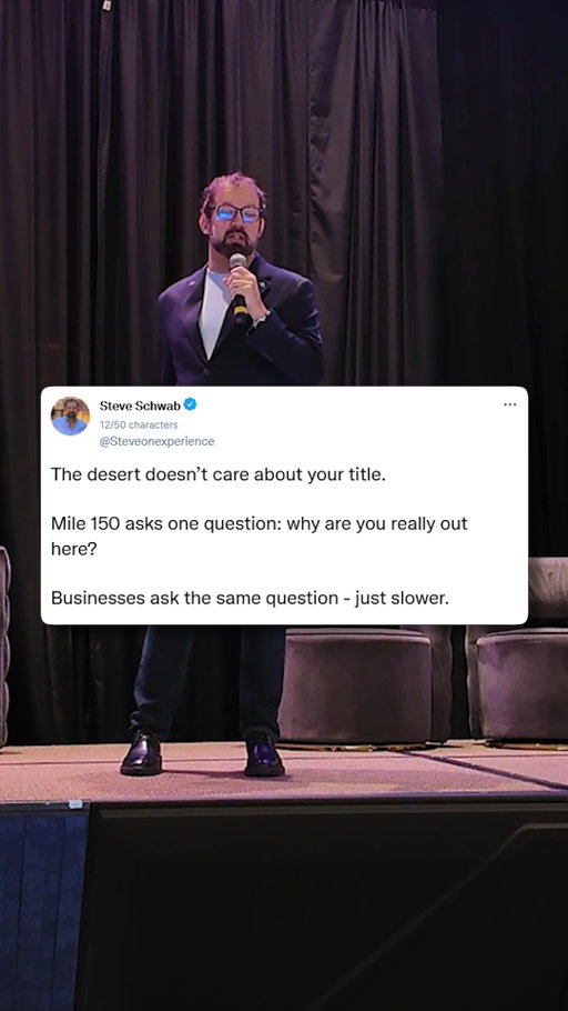 The desert doesn't care about your title. 

When things get tough, titles and status won't push you through the finish line. Deep in the grind at mile 150 you’re stripped down to your true purpose and motivation.

Businesses test leaders in the exact same way over time. If your why isn't rock solid, the friction will reveal it eventually. Lead with purpose, not just credentials.

Bigger isn't the win. Better is.

Follow @steveschwab1971 for more hospitality and leadership insights. #LeadershipMindset #PurposeDriven #Resilience #BusinessJourney