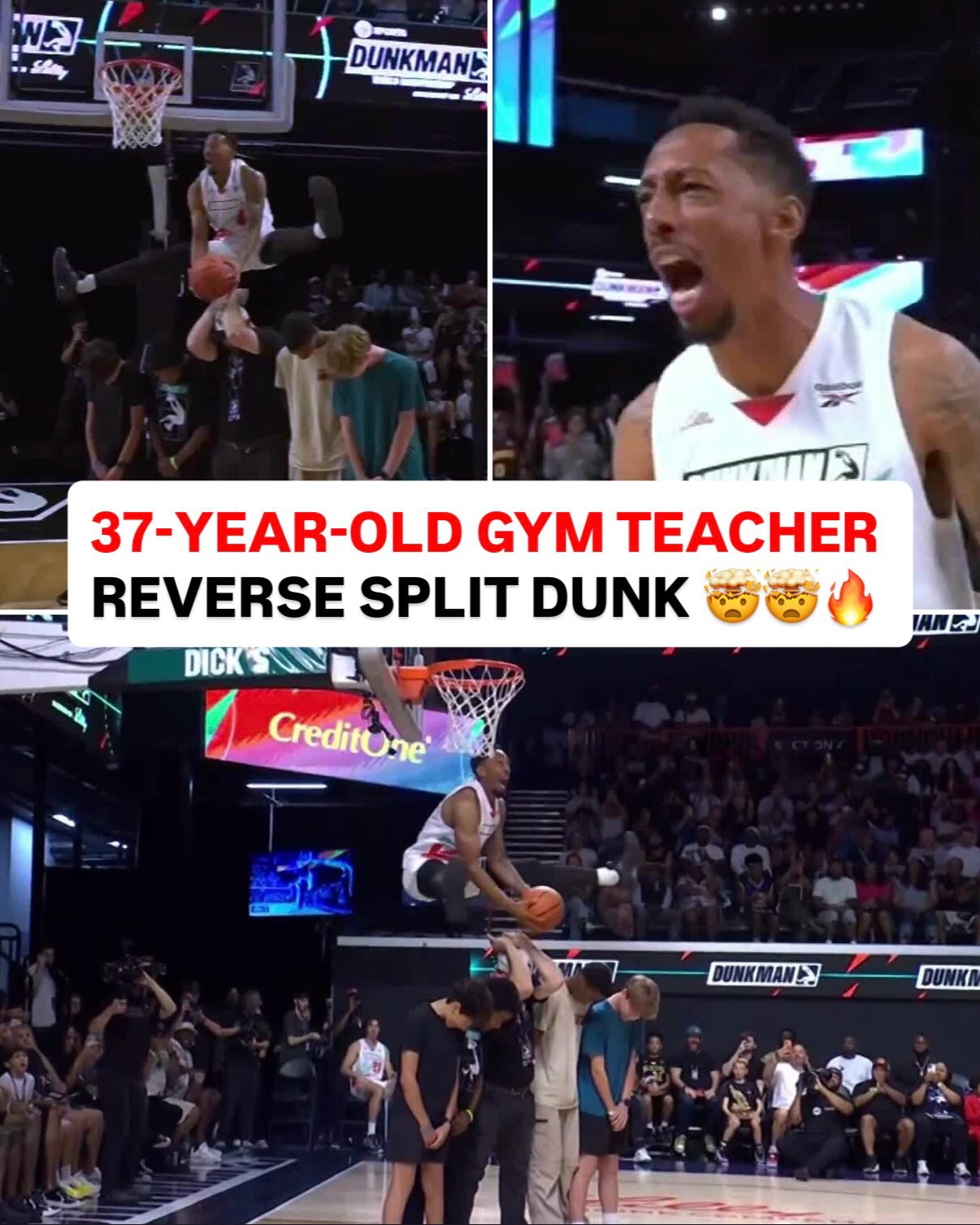 37-YEAR-OLD P.E. TEACHER JONATHAN CLARK RIDICULOUS SPLIT DUNK OVER 5 PEOPLE 🤯🔥

THE BACKFLIP WAS COLD 😭

DUNKMAN 🔥📺 LIVE ON TNT & HBO MAX