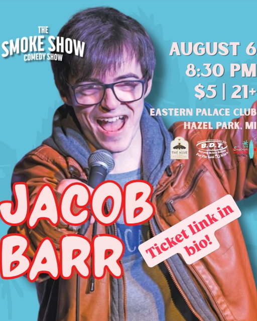 Come out to Eastern Palace Club on Thursday August 6th and checkout the showcase that’s quickly becoming a Detroit cult favorite!
This month’s headliner is one you absolutely won’t want to miss: Jacob Barr! As a regular in clubs and independent comedy rooms across the Midwest, Barr mixes clever storytelling with dry punchlines about everyday life, relationships, and the small absurdities we all recognize. His approachable style and quick wit make him a crowd favorite wherever he performs.
So come on out and join the Smokeshow gang for a night of hilarity, great food, and great people! 
Tickets in our bio!