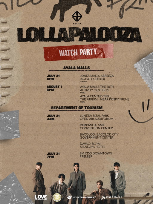 Uy A'TIN! 

It's almost time for our biggest global stage yet. Join your fellow A'TIN at a watch party near you and let's make history together!

Check the full schedule and watch party locations, and be part of this historic moment with us!

From the Philippines to the world, every stage is bigger because of you.

More locations to be announced.

#SB19 #SB19xLollapalooza #UySB19 🐐🇵🇭