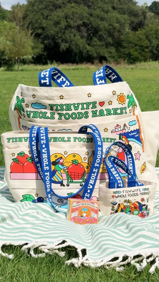 @wholefoods x @fishwife totes are finally here! Available in large, medium, and tiny (which fits two tins of fish!)

Perfect for grocery shopping, weekend trips, picnics, or bopping around with your besties. Shop the collab exclusively in select Whole Foods Market locations nationwide.