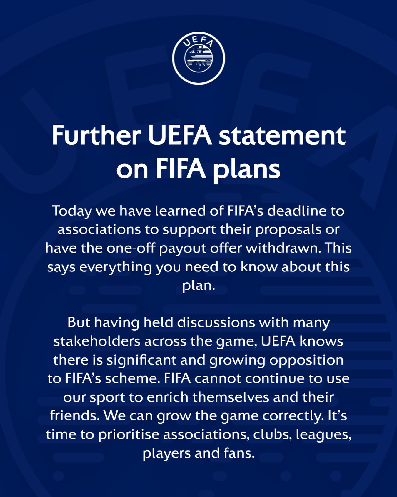 Further UEFA statement on FIFA plans