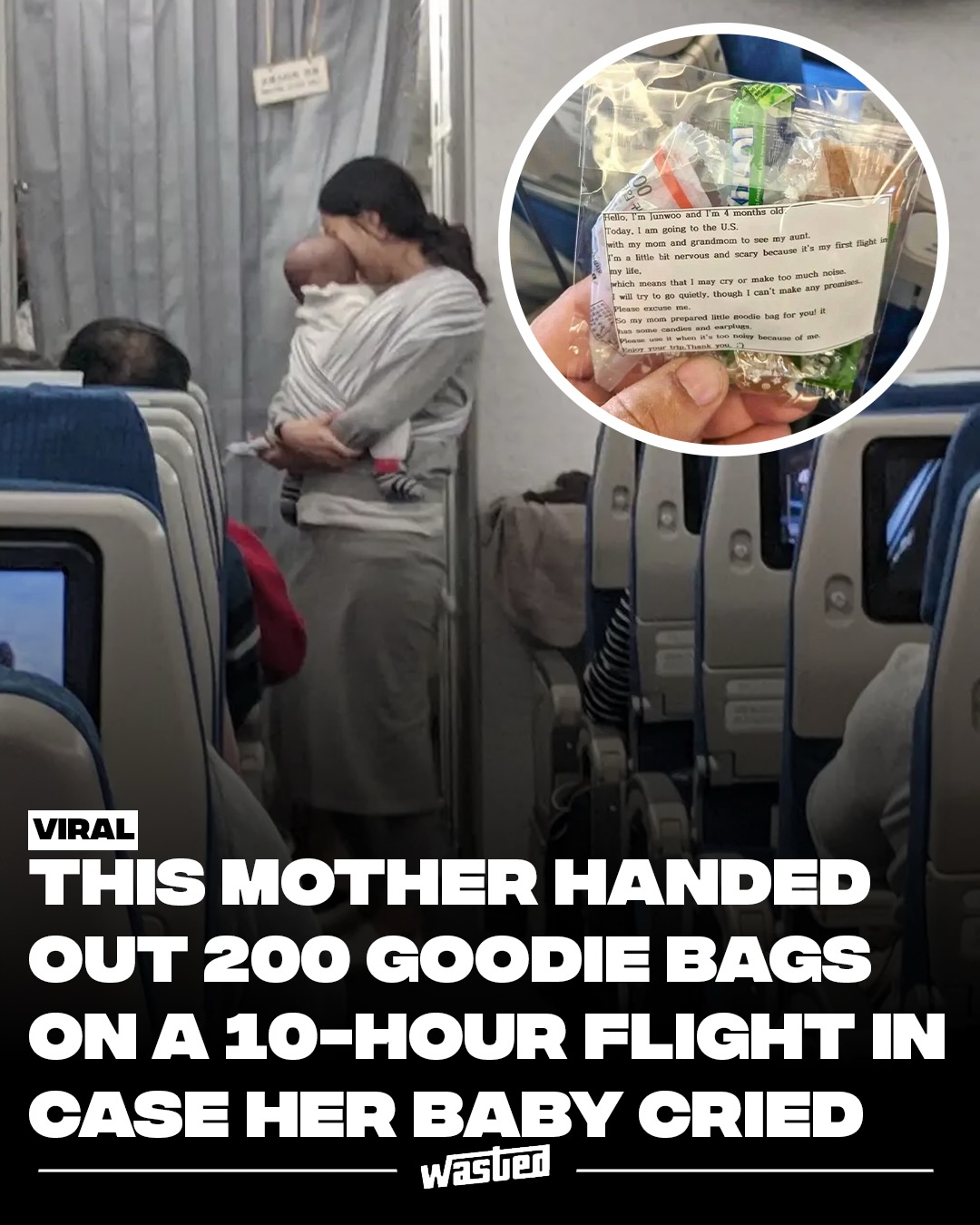 A mother flying from Seoul to San Francisco with her four-month-old assembled more than 200 goodie bags and handed them out to fellow passengers before the 10-hour flight took off. Each contained Korean candy, earplugs, and a printed note written from the baby's point of view.

The note introduced him as Junwoo, four months old, traveling to the United States with his mother and grandmother to visit his aunt. It explained that this was his first flight, that he was nervous, and that he might cry or get loud. He would try to stay quiet, it said, though he couldn't make any promises, and the earplugs were there if things got noisy.

Passenger Dave Corona photographed the bags and posted them to Facebook, calling the gesture touching and adding the punchline: there was not a peep out of the kid for the entire flight.

The story first surfaced in February 2019 and has resurfaced steadily ever since, largely because the reaction splits every time. Plenty of people find it thoughtful. Plenty of others find it slightly heartbreaking, arguing that no exhausted new mother should feel obliged to assemble 200 apology bags before boarding a plane, and that infants crying in public requires no compensation.

Sources: Fox News, The Points Guy, AOL.

Media: Reddit/Admirable_Flight_257