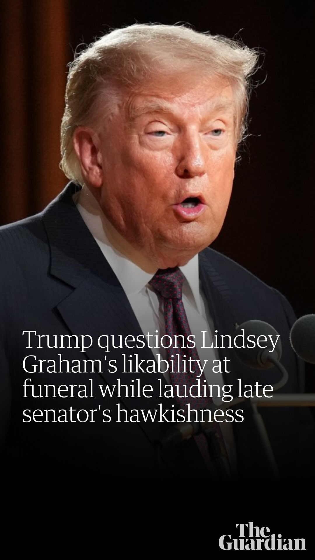 Donald Trump paid tribute to the long-serving senator Lindsey Graham at his memorial on Tuesday – but not without admitting that 'not everyone' liked him.

Graham, a polarizing figure and one-time rival turned stalwart ally of Trump, was known for championing the US-Israel war on Iran and was a prominent voice in the anti-abortion movement. He was also an unwavering supporter of Israel, serving as one of Capitol Hill’s most outspoken foreign policy hawks.

“I will tell you, he never saw a war that he didn’t like. Only his true friends would understand that. But he wanted it for the good of our country,” Trump recalled.

Follow the link in bio for the full story.
Donald Trump paid tribute to the long-serving senator Lindsey Graham at his memorial on Tuesday – but not without admitting that 'not everyone' liked him.

Graham, a polarizing figure and one-time rival turned stalwart ally of Trump, was known for championing the US-Israel war on Iran and was a prominent voice in the anti-abortion movement. He was also an unwavering supporter of Israel, serving as one of Capitol Hill’s most outspoken foreign policy hawks.

“I will tell you, he never saw a war that he didn’t like. Only his true friends would understand that. But he wanted it for the good of our country,” Trump recalled.

Follow the link in bio for the full story.