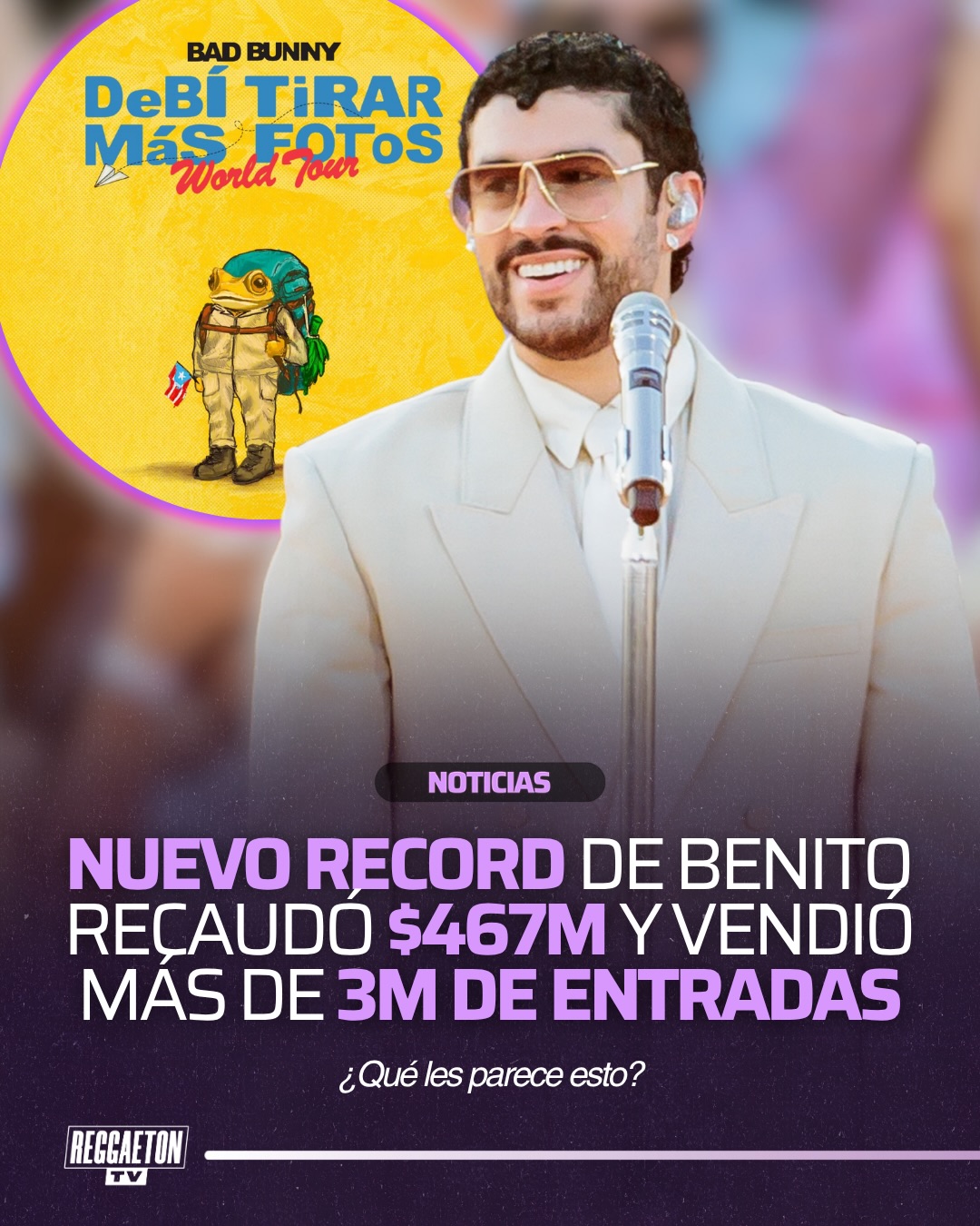 Bad Bunny cerró su Debí Tirar Más Fotos World Tour haciendo historia: 467,5 millones de dólares recaudados, más de 3,08 millones de entradas vendidas y 55 conciertos alrededor del mundo.

Con estas cifras, se convierte en la gira más exitosa de un artista latino masculino, superando incluso sus propios récords y la histórica gira de Luis Miguel.
.
Sigue a @reggaetontv para más contenido‼️