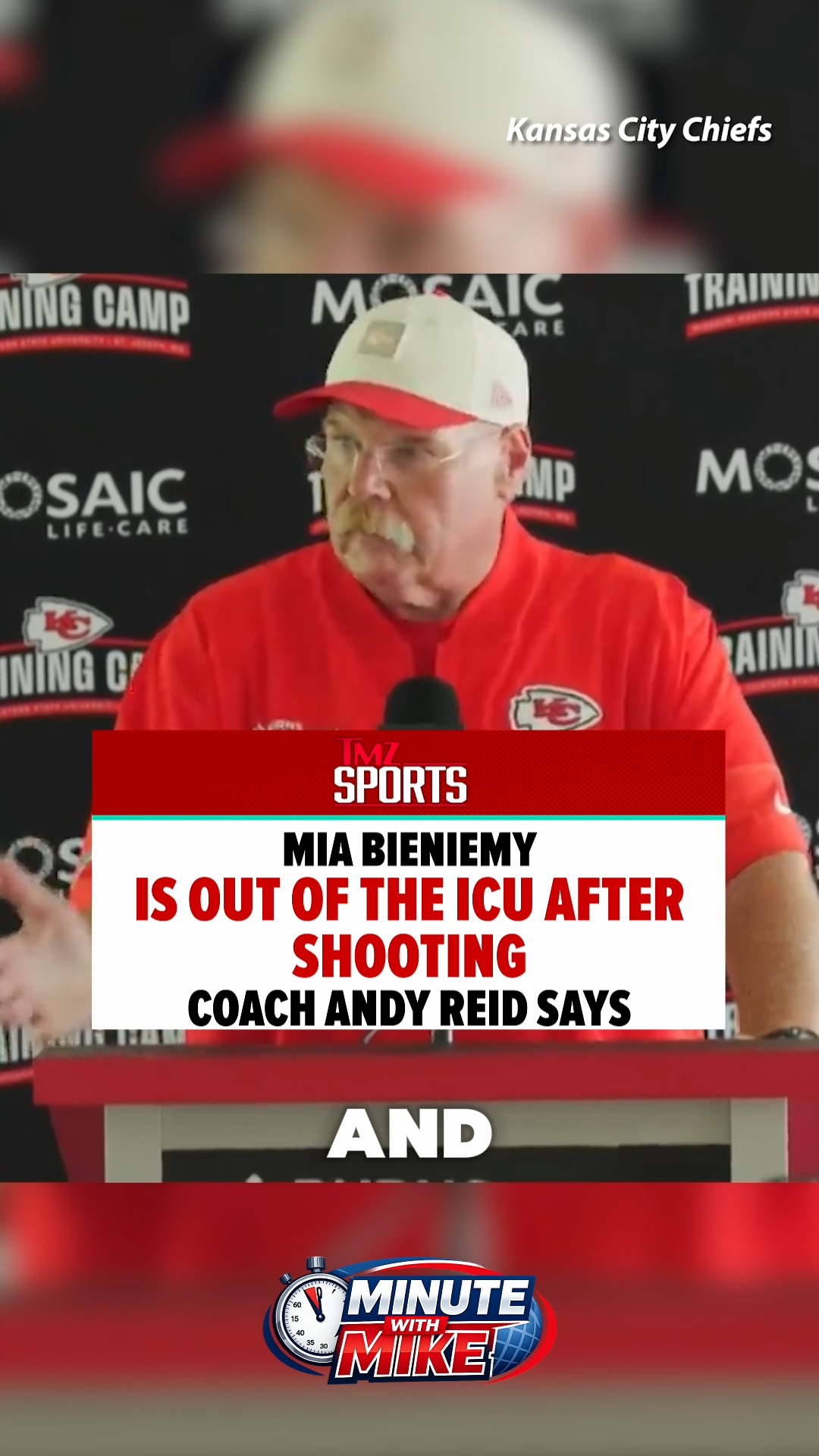 Chiefs training camp opened with devastating news that Mia Bieniemy, wife of Chiefs coach Eric Bieniemy, was shot, so everyone breathed a collective sigh of relief when Andy Reid delivered a positive health update on Wednesday, reporting that the coach's wife was on the mend.