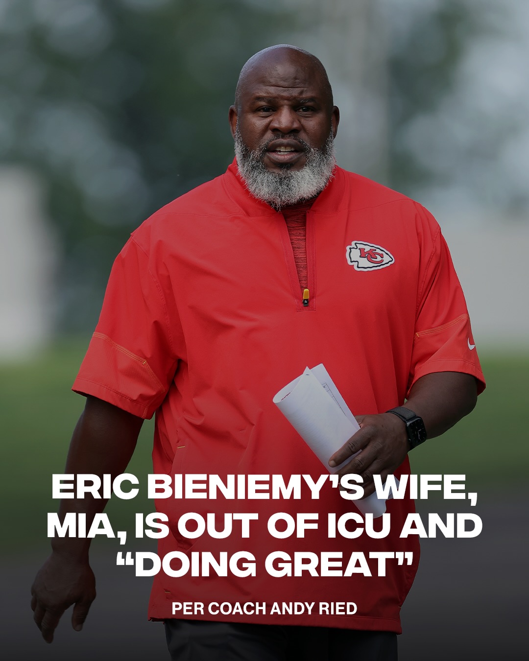 Andy Reid shared another positive update on Eric Bieniemy’s wife, Mia, saying she’s out of the ICU, “doing great,” and continuing to make progress.

📸 Getty