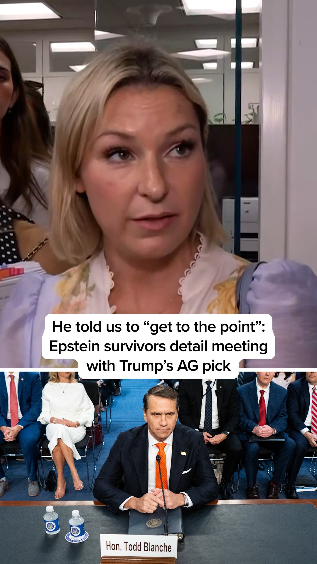 Survivors of Jeffrey Epstein and their families said Trump’s AG pick, Todd Blanche, was “condescending” during their meeting with him, which came at the request of GOP Sen. Thom Tillis. The group visited Capitol Hill Friday to drop files off to senators’ offices ahead of the Judiciary Committee’s upcoming vote on Blanche’s confirmation as U.S. Attorney General.

#news 
#politics 
#epstein