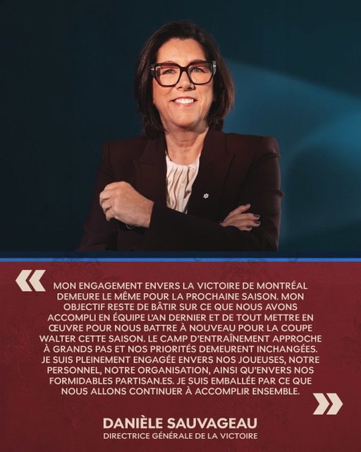 Félicitations à notre directrice générale, Danièle Sauvageau, pour sa nomination à titre de directrice générale du Programme national féminin du Canada jusqu’aux Jeux olympiques d’hiver de 2030.

Son engagement envers le développement du hockey féminin demeure plus fort que jamais, et son objectif avec la Victoire reste inchangé :

Congratulations to our General Manager, Danièle Sauvageau, on being named General Manager of Canada’s National Women’s Program through the 2030 Olympic Winter Games.

Her commitment to the growth and development of women’s hockey remains stronger than ever, and her goal with the Victoire remains unchanged: