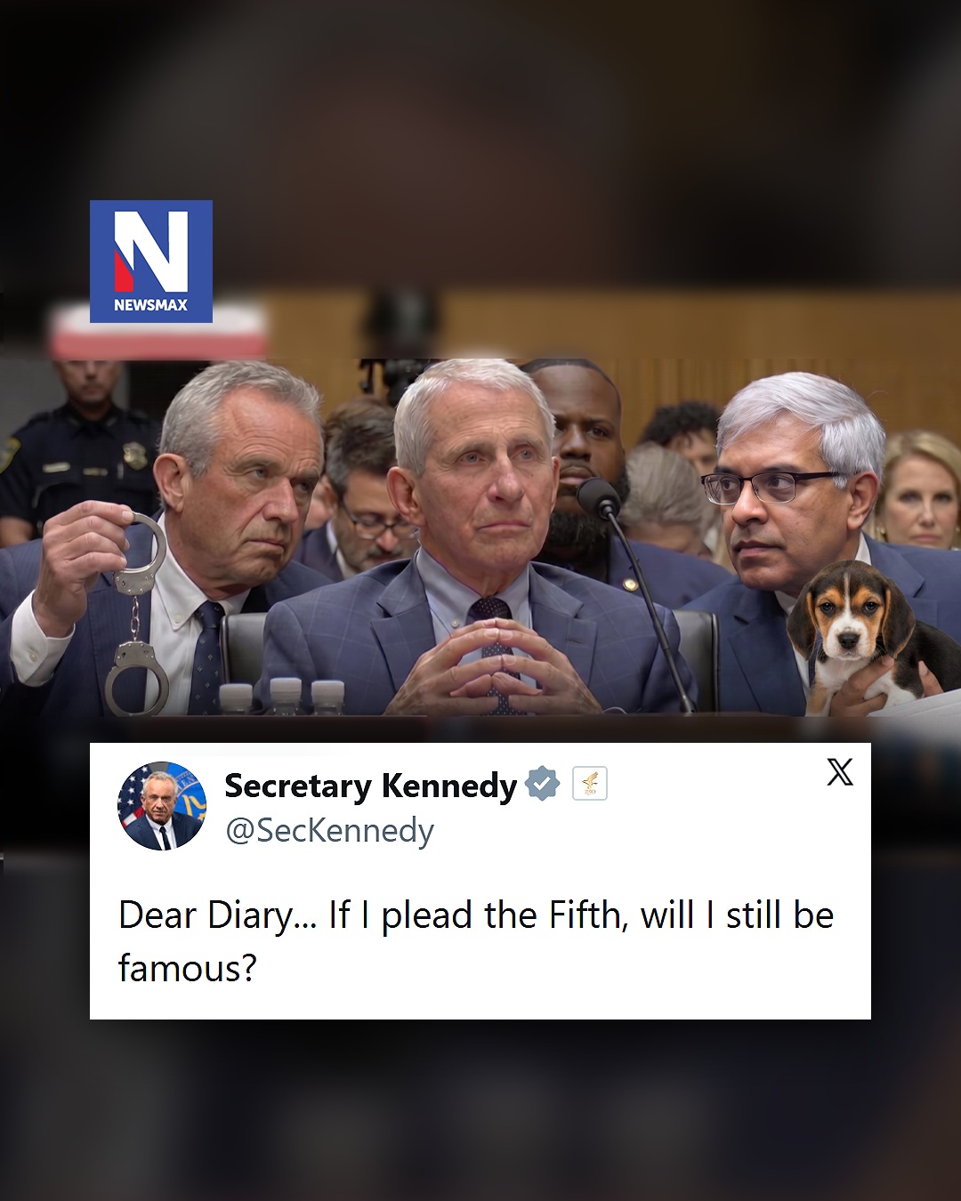 HHS Sec. RFK Jr. posted an edit of himself holding handcuffs next to Dr. Anthony Fauci - along with a nod to Fauci's alleged history with experimenting on beagles - to make fun of the many times Fauci invoked the 5th Amendment to not answer questions in Wednesday's Senate hearing.