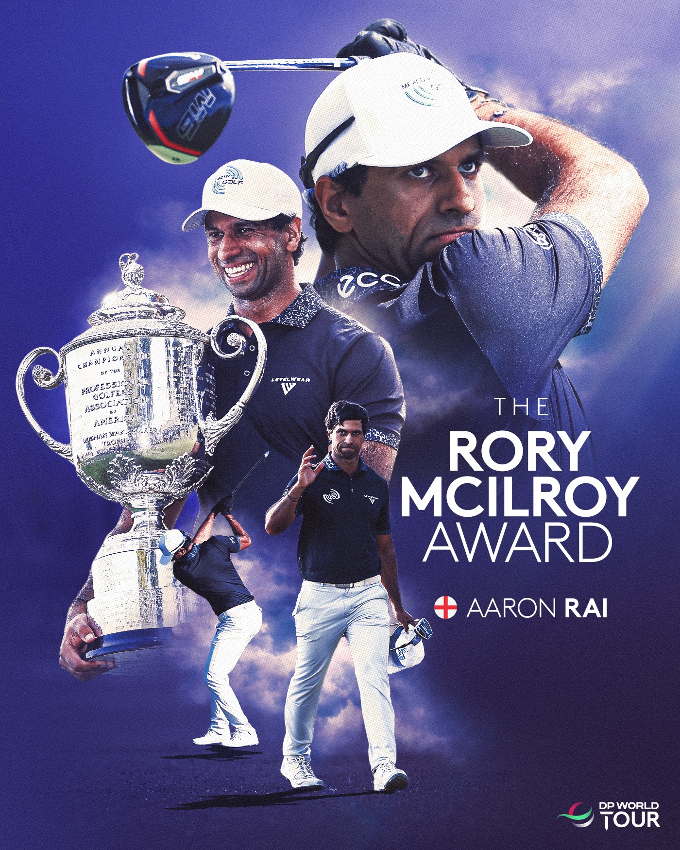 Aaron Rai becomes the first name engraved on the Rory McIlroy Award 🏆
 
Named in honour of Europe’s first Career Grand Slam winner, the annual award recognises the DP World Tour member who earns the most Race to Dubai points across the four men's majors. 👏