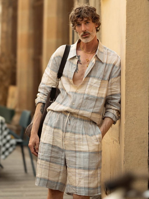 Long, Hot Summer: Wearing Italian Linen plaid shirt (full tuck, no nonchalance here) and matching leisure short from @toddsnyderny and suede quiver clip bag from @lemaire. Photography @vincenzo_grillo… #🇮🇹 #🍕 #🍝