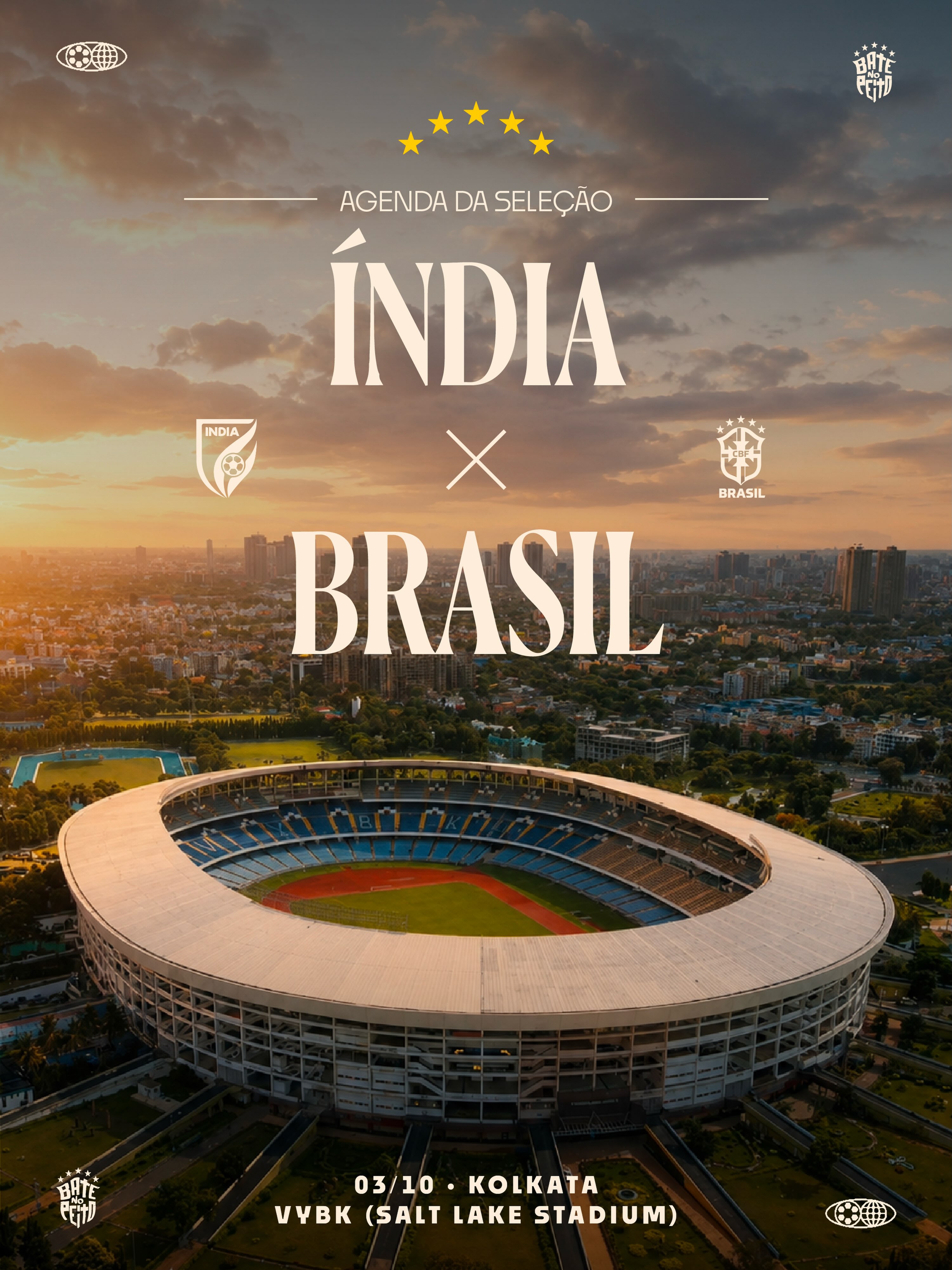 Da Austrália para a Índia 🇧🇷🇮🇳

A agenda da Seleção Brasileira continua.

Depois dos amistosos na Austrália, nosso próximo destino será a Índia, onde escreveremos um capítulo inédito da nossa história.

No dia 3 de outubro, a Seleção entrará em campo pela primeira vez em solo indiano, no Estádio Salt Lake, em Kolkata.

Será um encontro especial com um país que abriga o maior público internacional da Seleção Brasileira e que, há gerações, acompanha de perto a história do futebol brasileiro com enorme carinho e paixão.

Estamos ansiosos para viver esse momento ao lado de milhões de torcedores indianos!

Nos vemos em Kolkata. 🇮🇳🤝🇧🇷