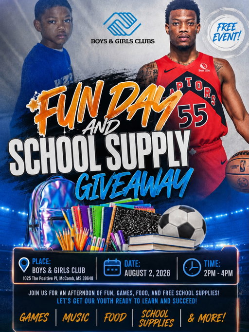 This Sunday, Join us for the 4th annual Back 2 School Sunday Fun Day. Everyone is welcomed and encouraged to come by and have a great time!