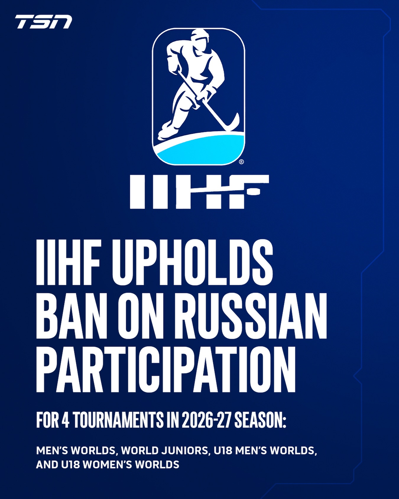 The IIHF has announced that Russia will not participate in the 2026–27 IIHF Championship season’s Men’s World Championship, World Junior Championship, or U18 World Championships following an event-by-event review.

A decision on the 2027 Women’s World Championship will be made separately in November 2026.