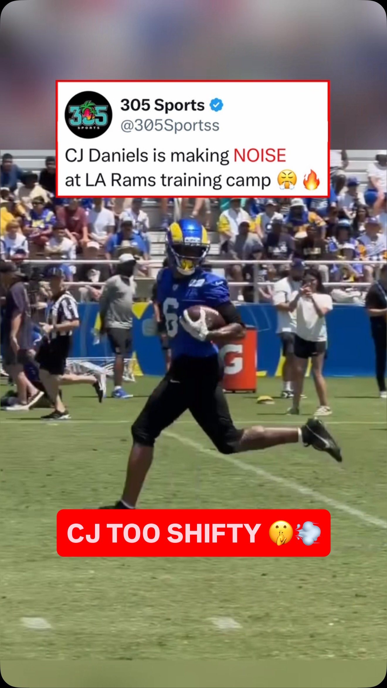 CJ gets ACTIVE. He’s ready to WORK 😳🔥 @cjaaaay_ 

Former Miami WR CJ Daniels is turning heads at Rams training camp. Ready to contribute as a rookie.

(🎥: @rams, allensales/X, jeremydawsonnn/X)
