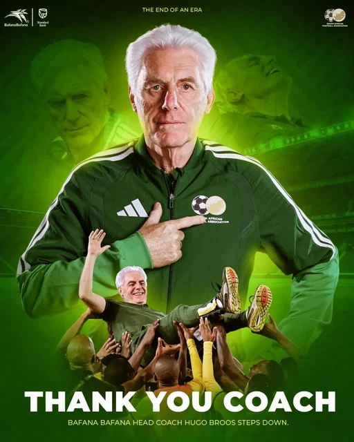 Thank You, Coach Hugo Broos.  A Grateful Nation Salutes You. 🇿🇦💚💛⚽️

​Coach, ​today, as you step down from your role as Head Coach of Bafana Bafana, we want to pause and extend our deepest, most heartfelt gratitude for everything you have poured into South African football.