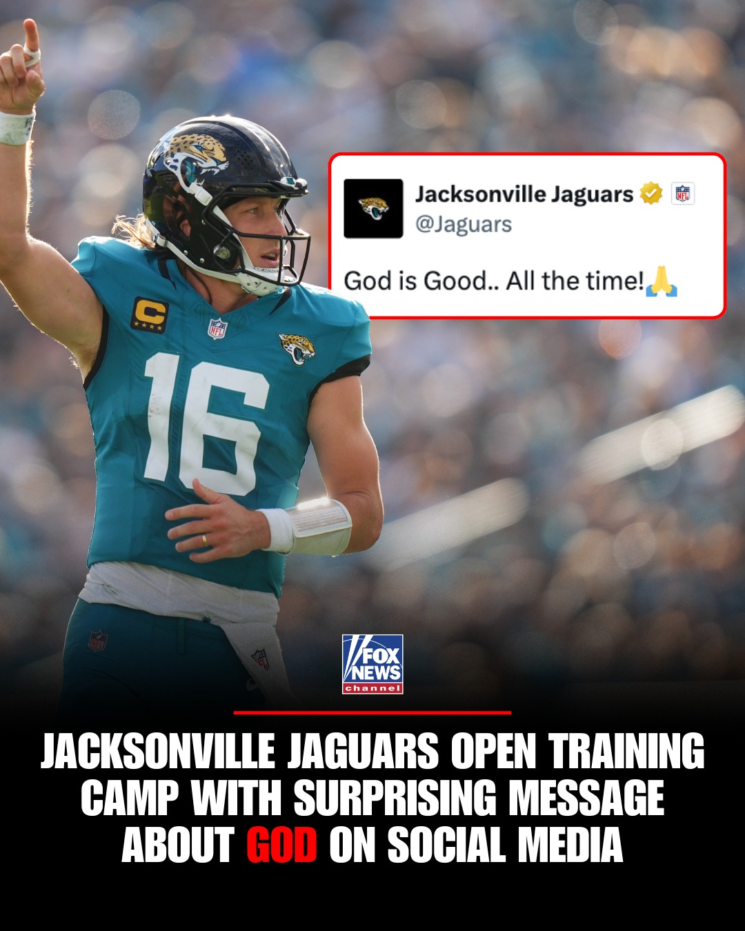 Professional sports have become filled with Pride nights, "woke" messaging, and heated debates over biological males competing in women's sports.

That's why one post from the Jaguars' official X account is getting so much attention.

A player taking over the team's account during training camp shared a public message of faith, and it quickly exploded to nearly 2 million views as fans from across the NFL praise the post and flood the replies with support.

For many, it's a rare moment of open faith from a major professional sports franchise, and people from rival fan bases are even taking notice.

Some online jokingly called it a "rare Jags W," while others replied "Jesus is Lord," with the post quickly becoming one of the team's most talked-about moments of the offseason as the NFL kicks off training camp.