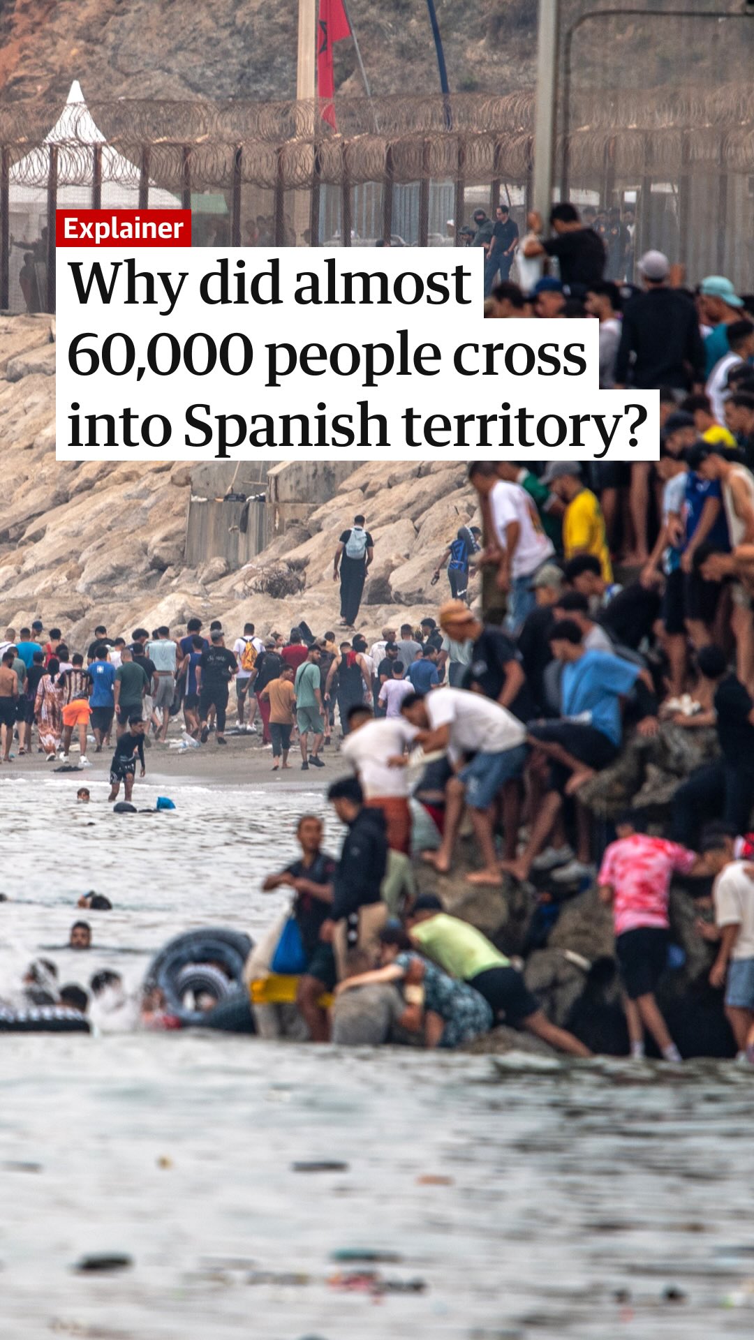 “The situation is absolute chaos,” said Rachid Sbihi, the head of the association that represents border protection in Ceuta. The small autonomous Spanish city sits on the north African coast and has seen an influx of more than 49,000 people in the last 24 hours. “It’s not possible to give precise numbers, but there are thousands of migrants crossing,” Sbihi said, adding that the border had “totally collapsed”.

For Spain’s prime minister, Pedro Sánchez, this migration crisis is a violation of Spain’s territorial sovereignty. He says it is driven by human traffickers wilfully misleading migrants about the legal situation after a recent ruling by the Spanish supreme court. 

Earlier this month, the court ruled that immediate returns of migrants crossing the border illegally did not apply to those arriving by sea – but with some important caveats that say they cannot “overcome the established border containment elements”.

Spanish authorities have said 25,000 people have already recrossed the border voluntarily. 

Head to the link in bio to read the full story.