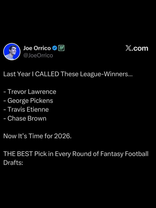 Last Year I CALLED These League-Winners…

* Trevor Lawrence
* George Pickens
* Travis Etienne
* Chase Brown

Now It’s Time for 2026.

THE BEST Pick in Every Round of Fantasy Football Drafts:

Round 1

Jahmyr Gibbs

11 career games when David Montgomery played less than 30% of snaps…

In them:

* 23.8 Fantasy Points per Game
* 118 Scrimmage Yards per Game

Checks every box:

* Light schedule
* Pass-catching
* Top 5 O-Line
* Elite rusher
* TD ceiling
* Prime

EASY 1st overall.

Round 2

Saquon Barkley

Slow year in 2025 after leading RBs in touches the year prior…

Now in 2026:

* 3rd-best schedule among RBs
* Still has an elite O-Line
* New OC

One of the only TRUE workhorse RBs in drafts.

And you don’t have to pick him in Round 1.

Round 3

Rashee Rice

Every single time he’s healthy and legal, he’s contending for WR1 overall.

Right now, that’s the case.

2024-2025 at full strength:

* 19.5 Fantasy Points per Game
* 9.7 Targets per Game

Vegas projects him as WR8.

ADP of WR12.

Value.

Round 4

Emeka Egbuka

Dominated when fully healthy last year.

Weeks 1-10:

* 16.3 Fantasy Points per Game
* 8.6 Targets per Game
* Top 10 WR

Mind you, that’s WITH Mike Evans in Tampa Bay…

Evans being gone now vacates 8+ targets per game.

Metrics say he’s elite.

WR1 going as a WR2.

Round 5

David Montgomery

Call me insane…

But I WANT to draft bellcow RBs on good, winning teams.

Scored 0.92 Fantasy Points per Touch last year.

More than:

* Kyren Williams
* Derrick Henry
* James Cook

Woody Marks ranked 4th to last in that same metric.

2024 Joe Mixon.

Round 6

Bhayshul Tuten

Since Chris Rodriguez is thicker than Tuten, everyone thinks he’ll get the goal-line work…

Wrong.

Travis Etienne was subbed out all the time for Tuten last year inside the 5.

And Tuten dominated in those spots.

RB1 in an ELITE offense.

Don’t overthink it.

#fantasyfootball #nfl #fantasyfootballadvice #fantasyfootball2026 #fantasyfootballdrafts