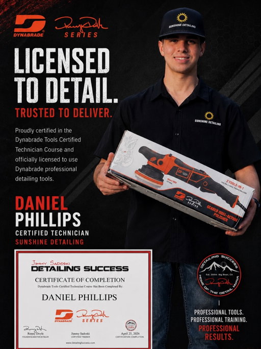 ✅🥳💥 Very excited to start providing paint correction services with the best tools out there @dynabrade_auto !! 
I attending  an extreme 1 day class with @detailing-success and this ⬆️ was one of the certifications I obtained! 
Hope y’all can follow along as we transform vehicles one correction at a time!🥳😀
#detailing #sunshinedetailing #detailsuccess #dynabradetools