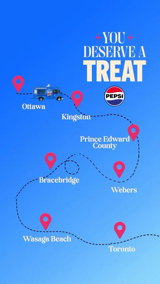 Consider this your official treat tracker. Come find the Pepsi Treats truck at a stop near you!

✅July 31 Calabogie - Calabogie Peaks Resort
✅Aug 1 Ottawa - Dow’s Lake
✅Aug 2 Kingston - Confederation Park / Gord Downie Memorial Pier
✅Aug 6 Prince Edward County - Wellington Beach/North Beach Provincial Park - 12PM-5:30PM
✅Aug 7 Orillia - Weber's - 12PM-8PM
✅Aug 8 Huntsville - Downtown Huntsville - 12PM-5:30PM
✅Aug 9 Wasaga Beach - 12PM-5:30PM
📍Aug 13-23 Toronto
📍Aug 24 Port Credit
📍Aug 27 Niagara Falls
📍Aug 28 Niagara-On-the-Lake
📍Aug 29-30 St. Catherine’s
📍Sept 3 Waterloo
📍Sept 4 Elora
📍Sept 5 Guelph
📍Sept 6 Waterloo
📍Sept 8-10 London & St. Thomas