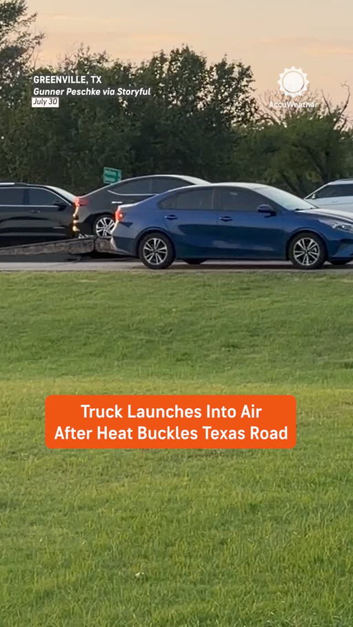 A pickup truck briefly went airborne after taking off over a section of road warped by extreme heat in Greenville, Texas.
