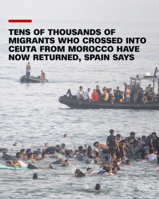 Almost all the estimated 50,000 migrants who poured into the Spanish exclave of Ceuta from Morocco have now returned, Spain said.

At least 57 people died during the crossings, many drowning as the crowds streamed over the border by land and sea on Thursday, according to the Spanish government.

Read more on the latest developments at the link in our bio.

1,3,5,6 📸: Marcos Moreno/Anadolu/Getty Images 
4,7 📸: Fabian Bimmer/Reuters