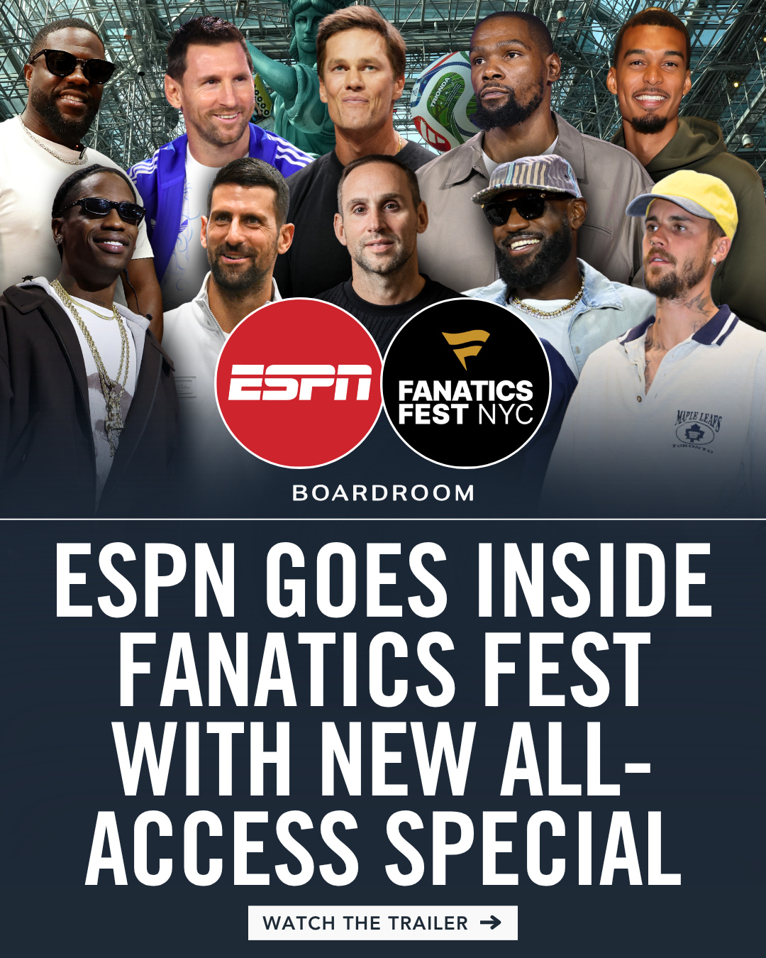 Fanatics Fest is taking viewers behind the scenes of one of the summer’s biggest sports and culture events with a new special from ESPN and Fanatics Studios, the joint venture between Fanatics and OBB Media.

Hosted by Karl-Anthony Towns and Jordyn Woods, Fanatics Fest: All Access features Justin Bieber’s $1 million Fanatics Games win, exclusive interviews and appearances from Tom Brady, Lionel Messi, Kevin Hart, Victor Wembanyama, Travis Scott, Kevin Durant and more.

The hour-long special premieres Aug. 4 at 7 p.m. ET on ESPN, followed by the ESPN App.
⁠
(🎥: @fanatics, @obb, @espn)