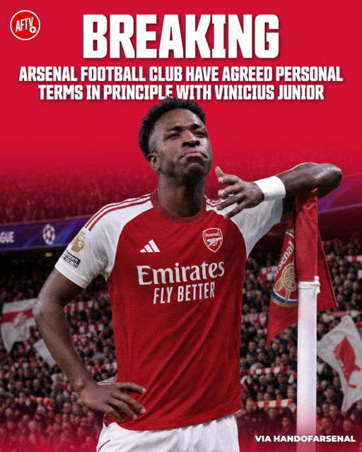 🚨 𝐌𝐀𝐉𝐎𝐑 𝐁𝐑𝐄𝐀𝐊𝐈𝐍𝐆: Arsenal Football Club have agreed personal terms in principle with Vinícius Júnior. Roc Nation will now enter negotiations with Real Madrid armed with a monstrous offer from the English champions. 🔥

Over to you, Vinícius Júnior. 👀⏳