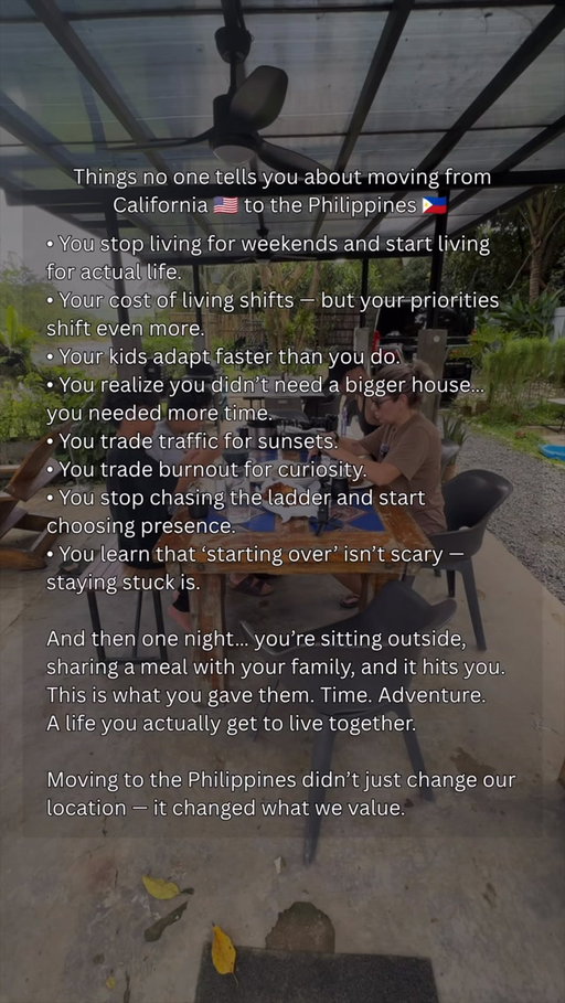 We moved our family of four from California to Manila in 2022. We didn’t move for work — we quit our jobs and went all‑in on content creation. Sharing our journey through YouTube and social media.

Since then, we’ve learned what it really takes to move abroad. We’ve learned a lot about ourselves. Our kids have discovered new things. And we’ve explored Southeast Asia together.

If a life like this interests you… follow along, keep watching, and drop your questions below. #expatlife #livingabroad #travelingwithkids