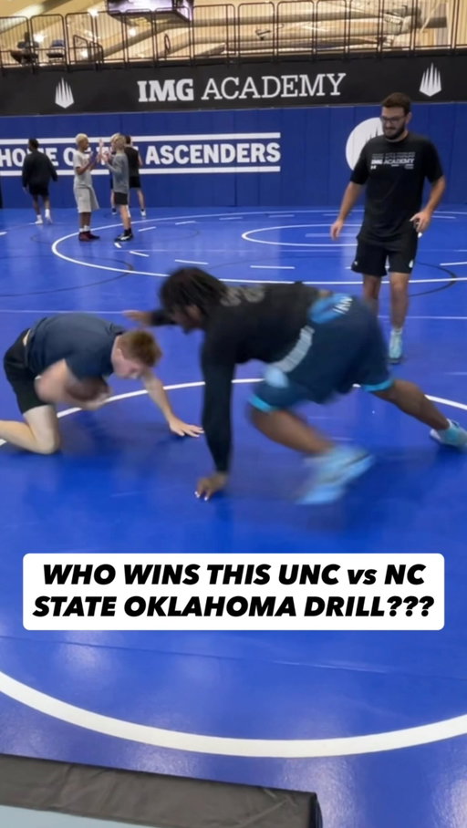 NC State 165-pounder Will Denny and UNC heavyweight Jacob Levy went head to head in an Oklahoma drill at this week’s @imgawrestling wrestling camp! Who did it better?