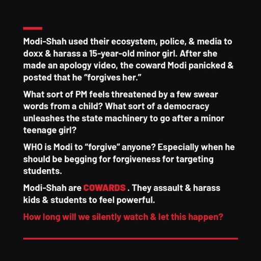 We need to protect our kids from Modi-Shah & BJP. They’re losing power & will do ABSOLUTELY ANYTHING to cling on to it desperately. 

If young protestors & even a 15-year-old minor are fair game for this govt, we’ve lost all pretenses of a democracy. 

Enough is enough.