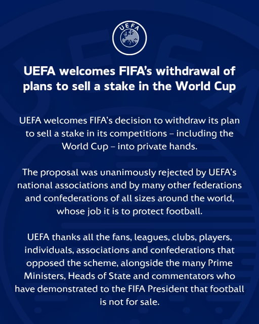 UEFA welcomes FIFA’s withdrawal of plans to sell a stake in the World Cup