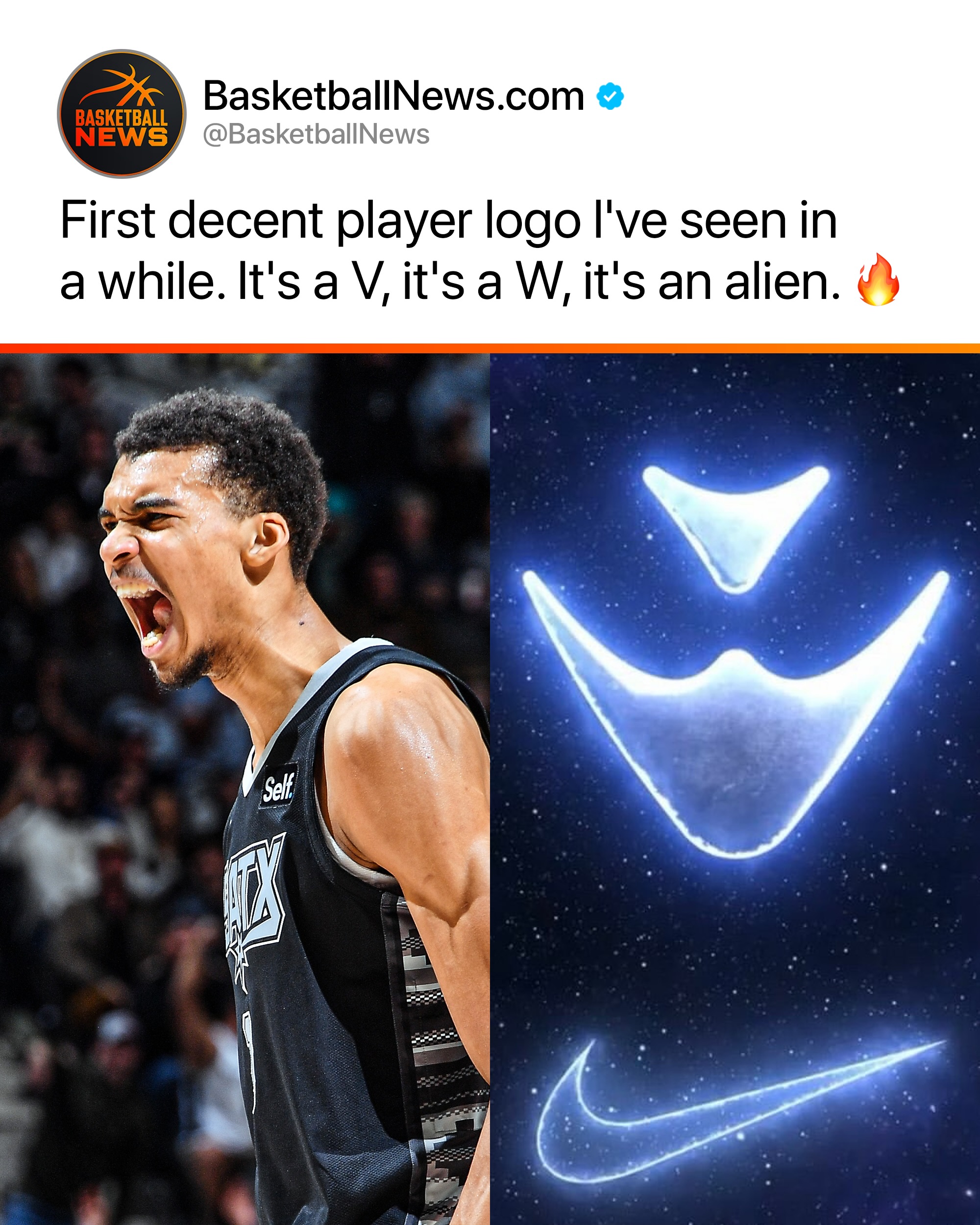 The designers SNAPPED with Wemby’s new logo 🔥😤

Victor Wembanyama’s new logo is already in the conversation for one of the best athlete logos in sports. It’s clean, recognizable, and perfectly captures the identity he’s built since entering the league. The futuristic “VW” design instantly stands out while also tying into his “Alien” nickname, making it feel unique instead of just another set of initials slapped onto a shoe. Nike unveiled the logo alongside his upcoming signature line, and it immediately looked like something built to last for years.

The best logos are simple enough to recognize from across the room, and Wemby’s checks that box. Whether it’s on a sneaker, apparel, or a billboard, you know exactly who it belongs to. It has the same timeless feel that made logos from stars like Michael Jordan, Kobe Bryant, and LeBron James iconic, while still carving out its own identity.

That’s what separates great branding from good branding. Wembanyama’s logo doesn’t just represent a player—it represents an entire persona. Between his generational talent, his extraterrestrial nickname, and now a logo that feels just as distinctive as his game, Nike may have created one of the strongest athlete brands in sports today.

You just found your new home for hoops content 🏀🔥 Follow @basketballnews for more!