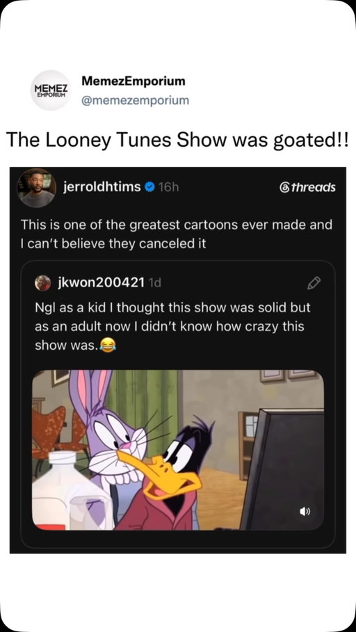 One of the most underrated shows ever! 

*The Looney Tunes Show* took Bugs Bunny, Daffy Duck, and the rest of the classic crew out of their usual cartoon chaos and dropped them into a surprisingly relatable suburban sitcom. Instead of constantly hunting each other with anvils and dynamite, the characters dealt with roommates, dating, jobs, neighbors, and Daffy’s unmatched ability to make every situation worse. It was a very different take on Looney Tunes, but its dry humor, running jokes, and genuinely hilarious character dynamics helped it become a cult favorite years after it ended.